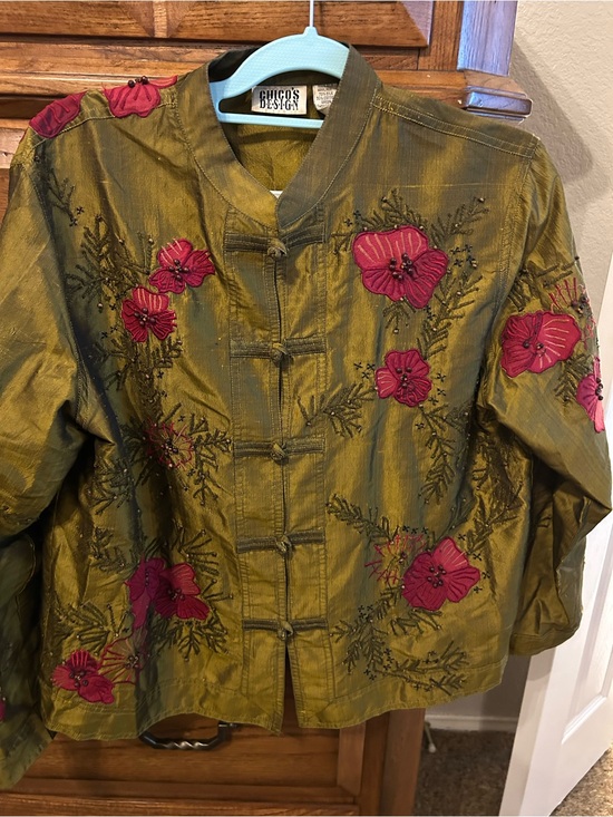 Chico's Tops - Chico's Olive Green Jacket with Pink Floral Embroidery